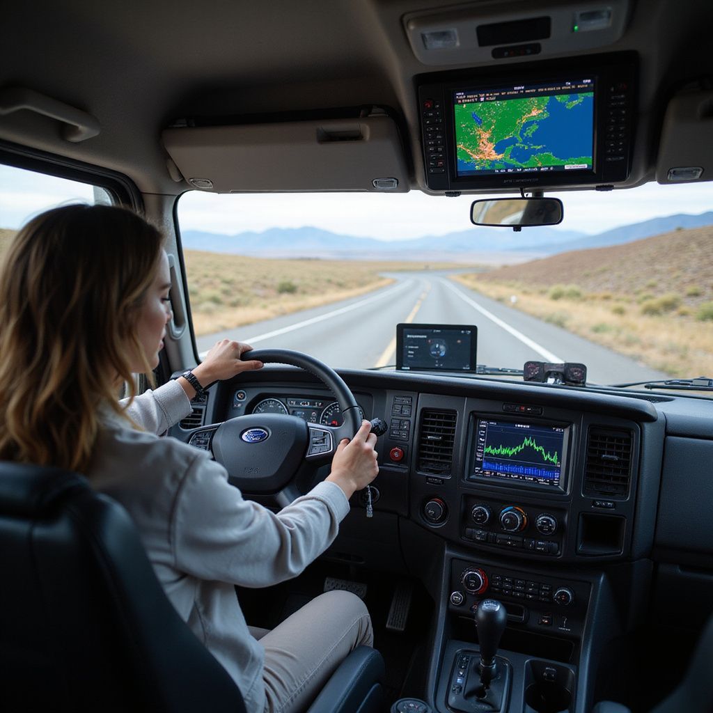 Woman driving a truck on a highway, using multiple navigation screens.