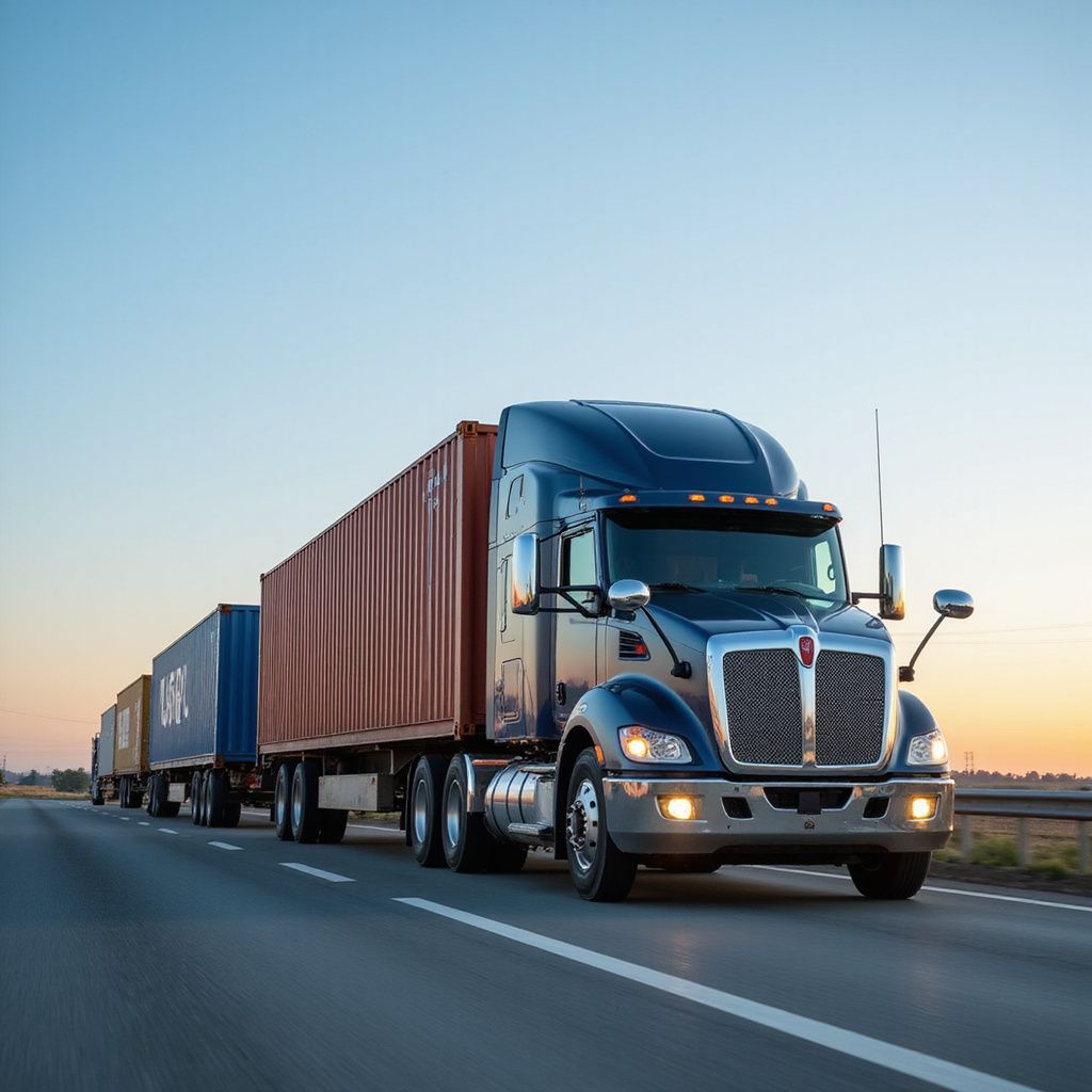 Semi-truck hauling cargo containers on a highway at sunset.