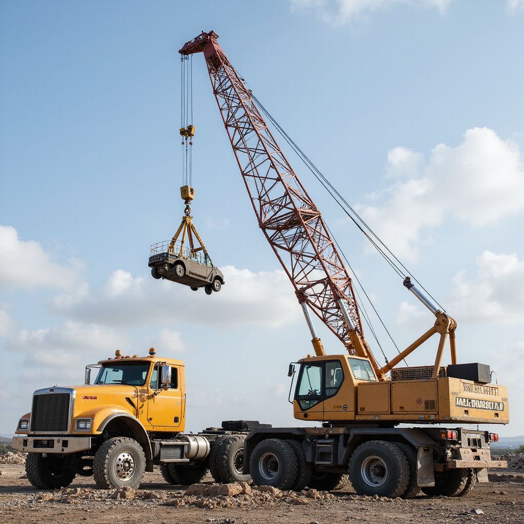 Yellow crane lifting a small car in a brown field under a blue sky.