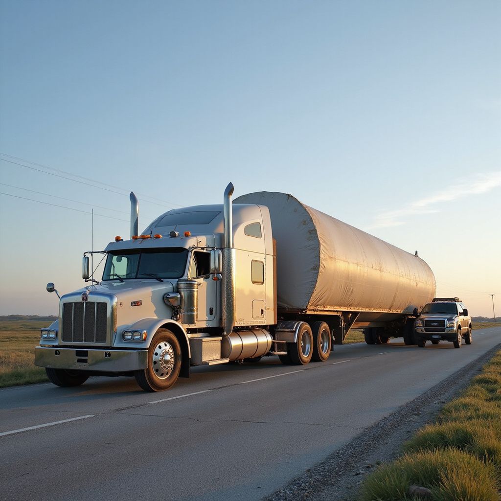Semi-truck hauling tanker trailer on a rural road under a clear sky; a pickup truck follows.