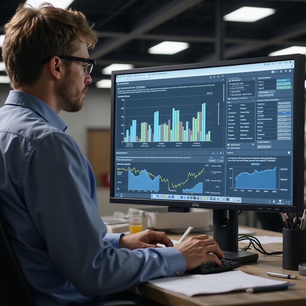 Man in glasses analyzes data charts on a computer screen in an office setting.