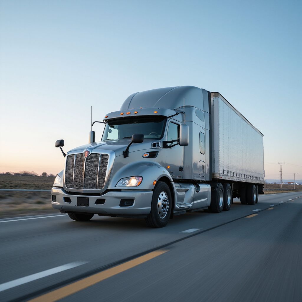 Silver semi-truck driving on a highway with a blue sky in the background.
