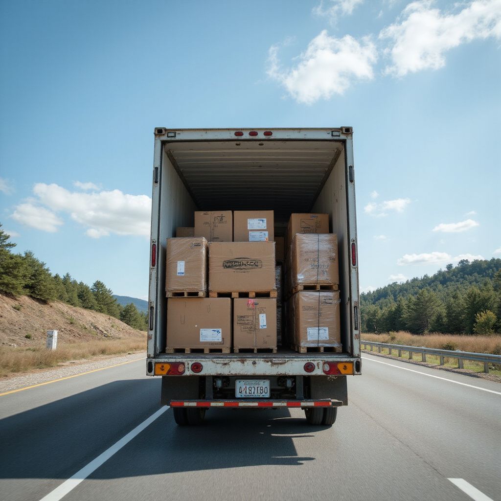 Rear view of a semi-truck carrying stacked cardboard boxes on a highway under a blue sky.