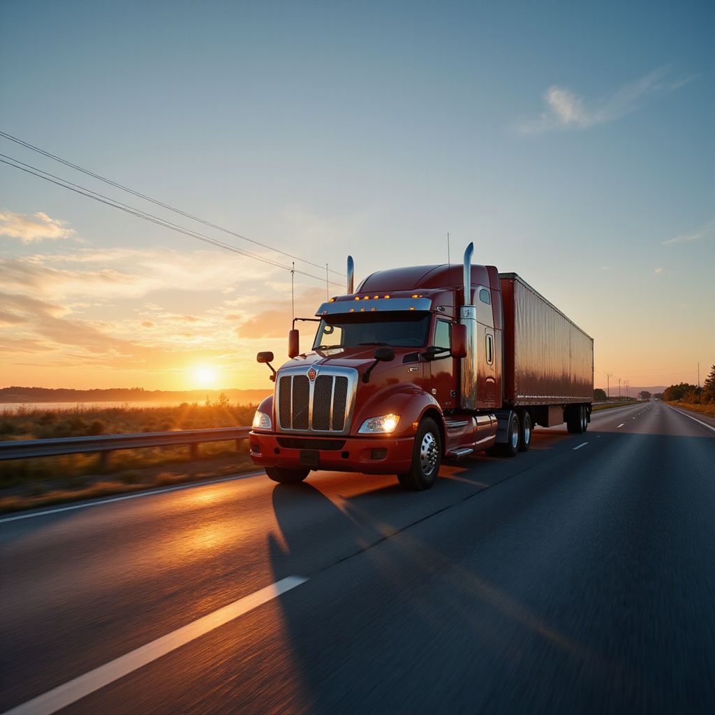 Red semi-truck driving on a highway at sunset.