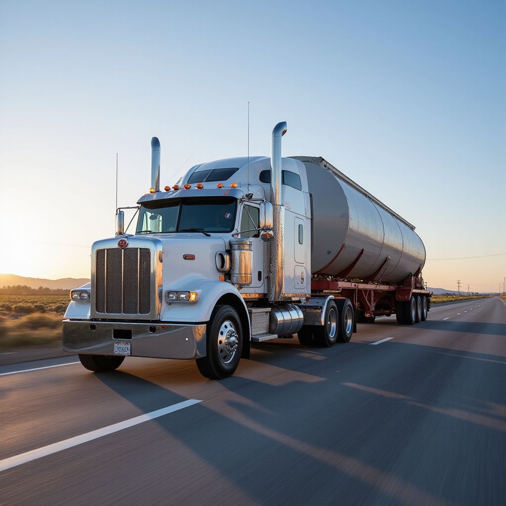 White semi-truck with a silver tank trailer driving on a highway at sunset.