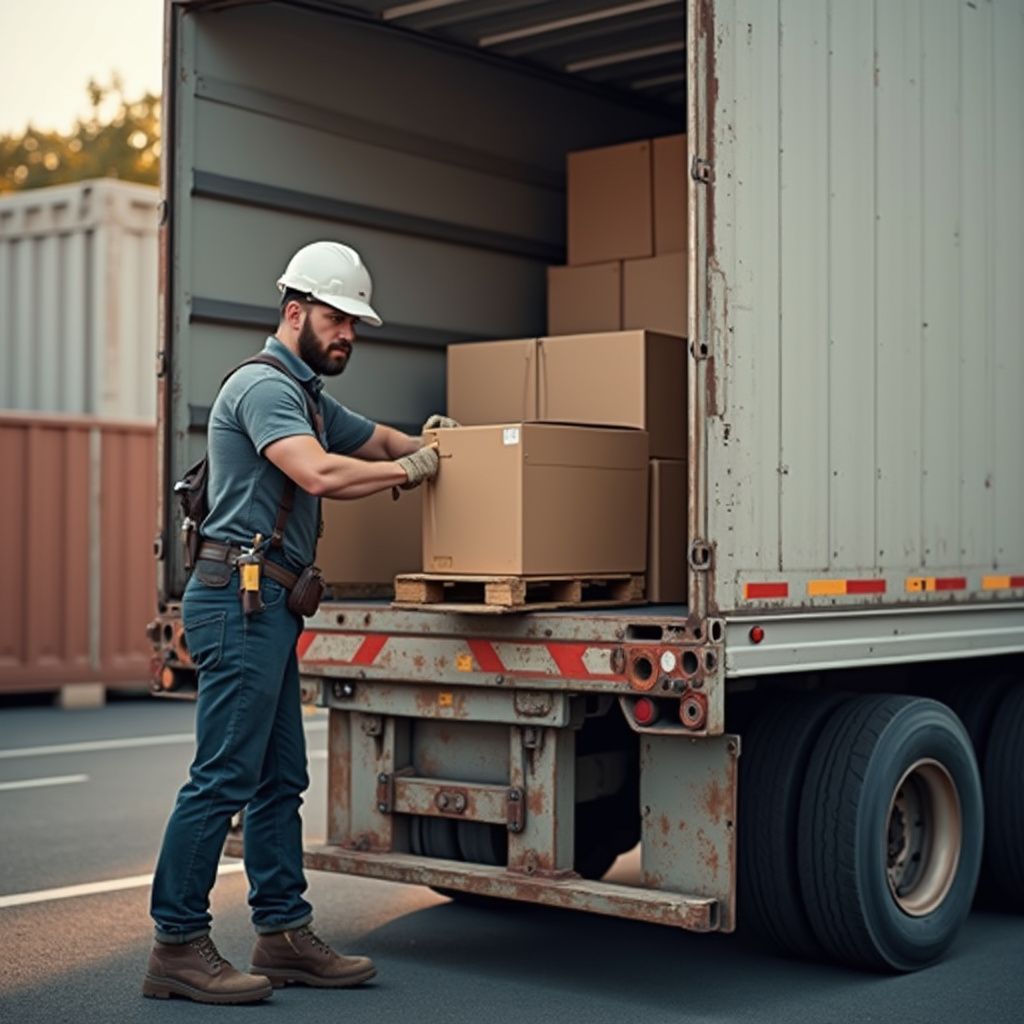 A person in a hard hat loads cardboard boxes onto a truck. Outdoors, day.