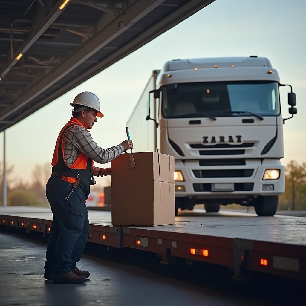 Red semi-truck carrying a large white shipping container on a flatbed trailer, driving on a road.