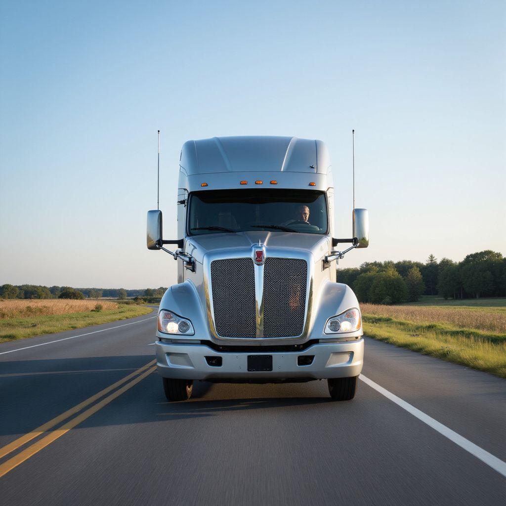Silver semi-truck driving on a road, front view, clear sky and rural setting in the background.