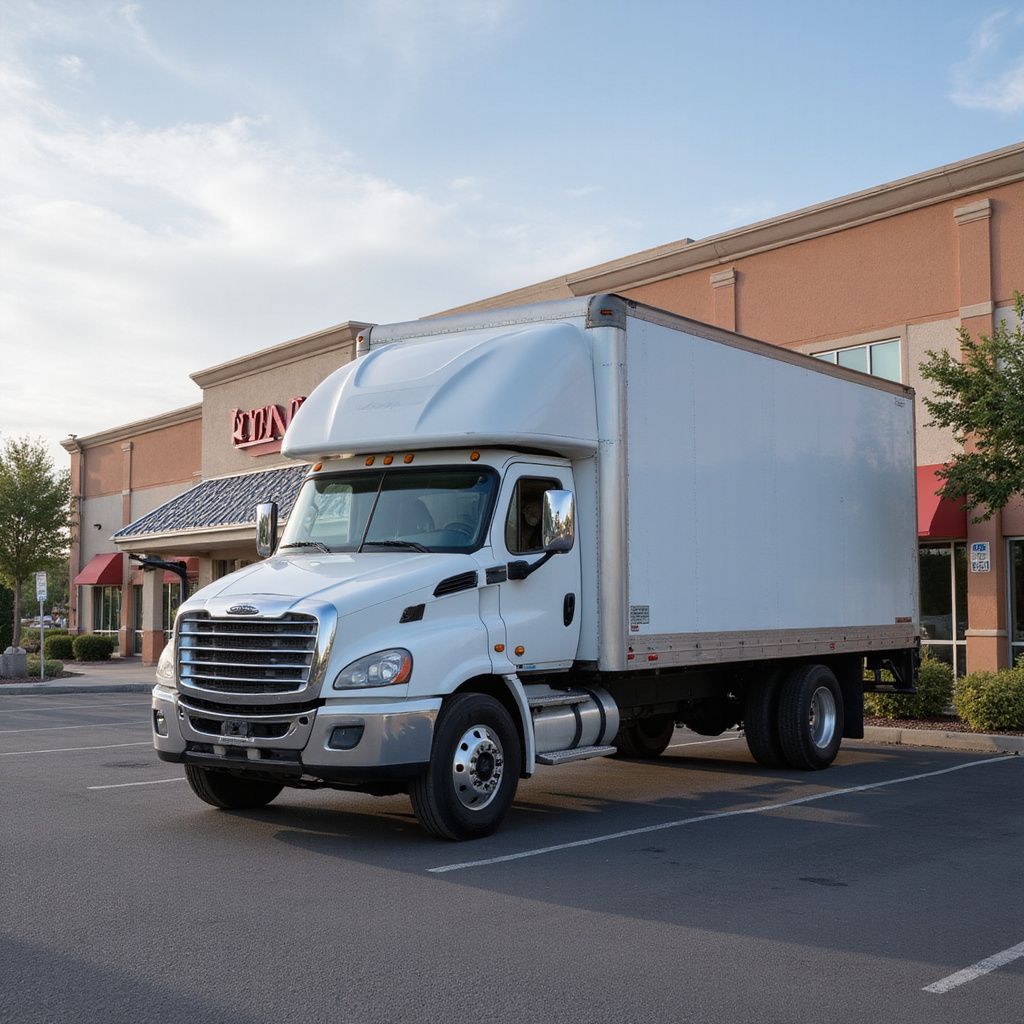 Rear view of a semi-truck at a gate. Stop signs and a security booth are in the background.