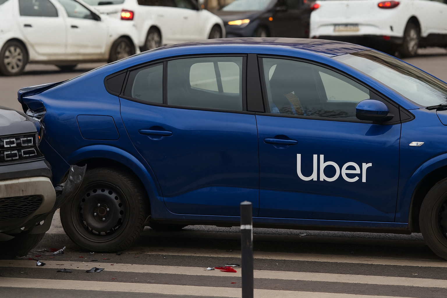 Blue Uber car with damage on the side, involved in an accident with another vehicle.