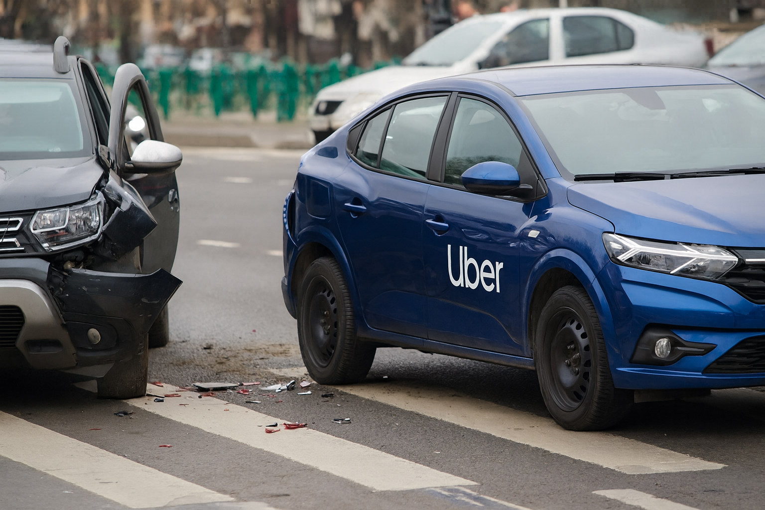 Car accident involving an Uber vehicle, police officers on scene.