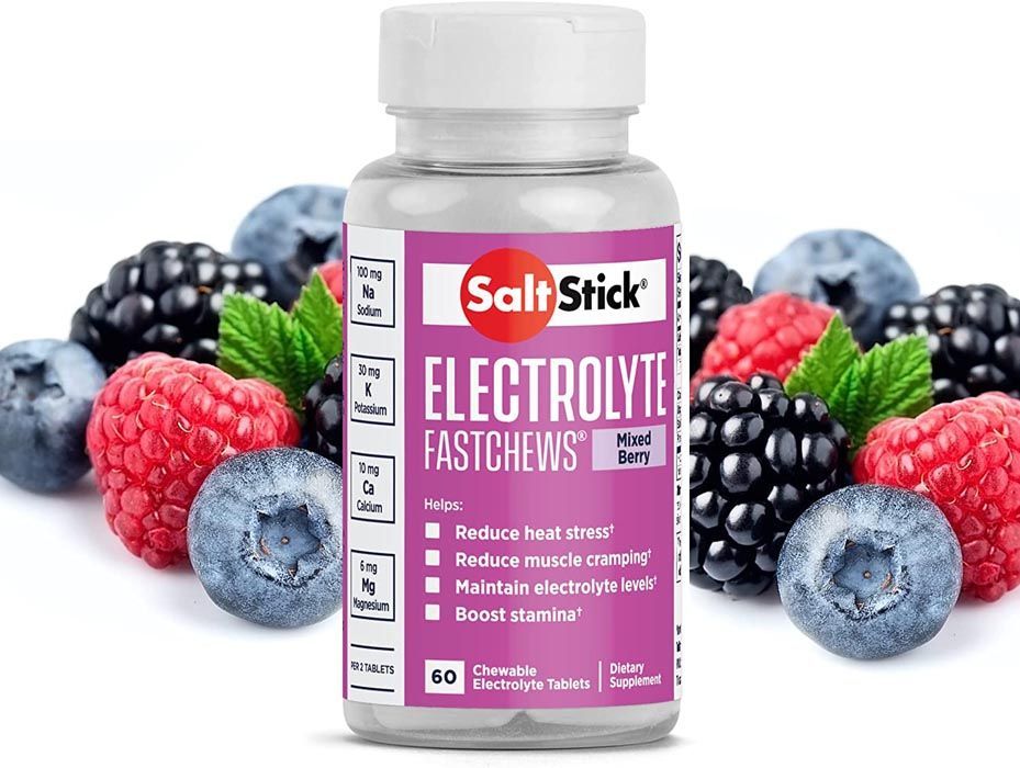 Bottle of SaltStick electrolyte chews with mixed berries; helps reduce cramps, muscle fatigue, and electrolyte levels.