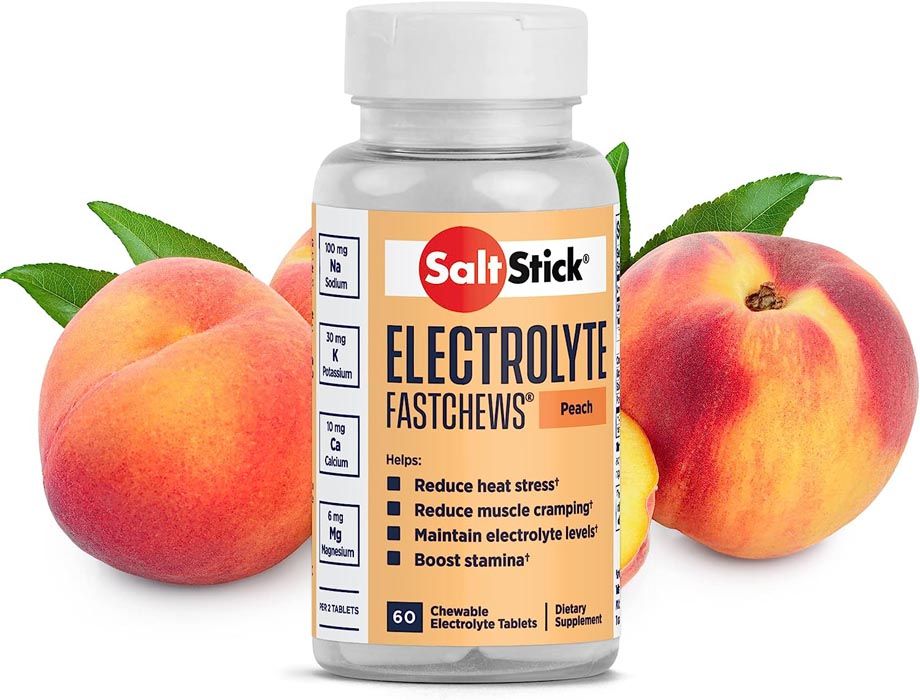 Peach-flavored SaltStick electrolyte tablets with peaches; reduces heat stress, muscle cramps, maintains electrolytes.
