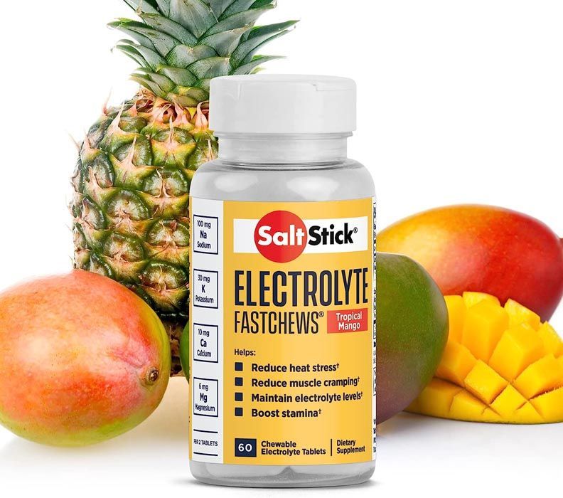 Bottle of SaltStick Electrolyte FastChews with pineapple and mango.