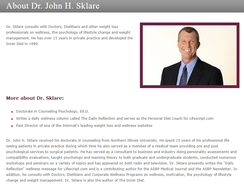 About Dr. John H. Sklare, a man in a suit smiling, with text describing his work in weight loss and wellness.