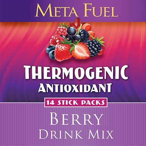 Box of Meta Fuel berry drink mix with fruit graphic and text 
