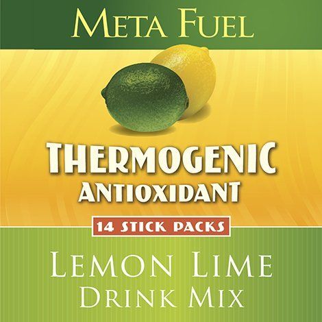 Meta Fuel Lemon Lime drink mix with lime and lemon. Green and yellow label, 14 stick packs.
