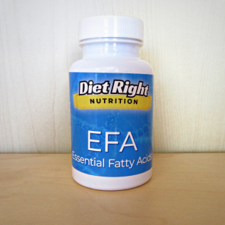 White bottle of Diet Right Nutrition EFA (Essential Fatty Acids) supplements on a wood surface.