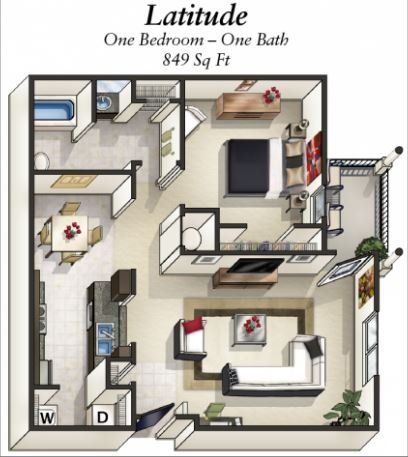 Latitude; 849 sq ft; 1bd/1ba