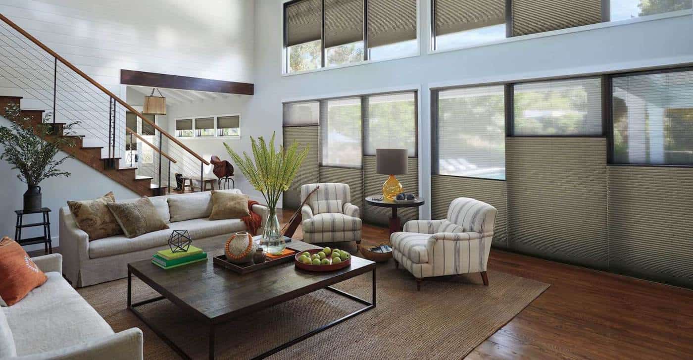 Luxury living room after installing custom honeycomb shades