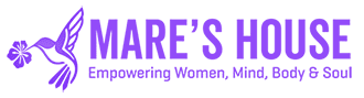 A purple logo for mare 's house empowering women , mind , body and soul