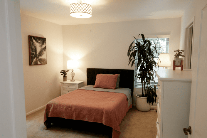 A bedroom with a bed , dresser , nightstand and plant.