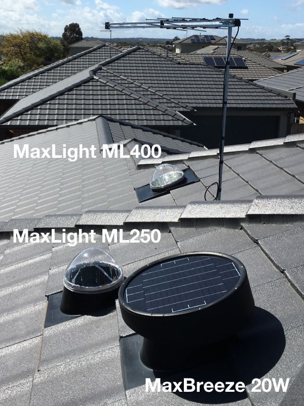 A Rooftop Showcasing a MaxLight TV Antenna and Two Solar-powered Vents: Ml400, Ml250, and Maxbreeze 20w — Gold Coast Skylights in Slacks Creek, QLD