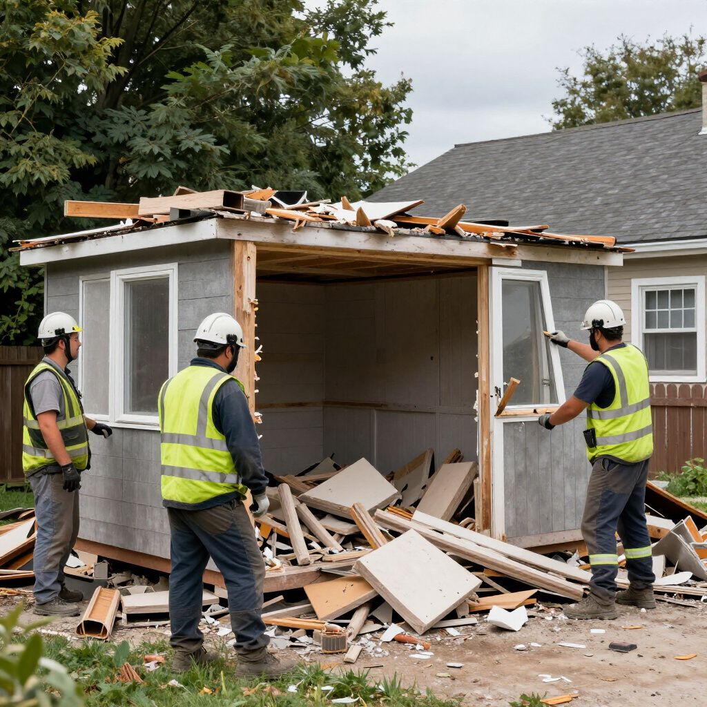 Three construction workers demolishing a small building, wearing safety vests and hard hats.