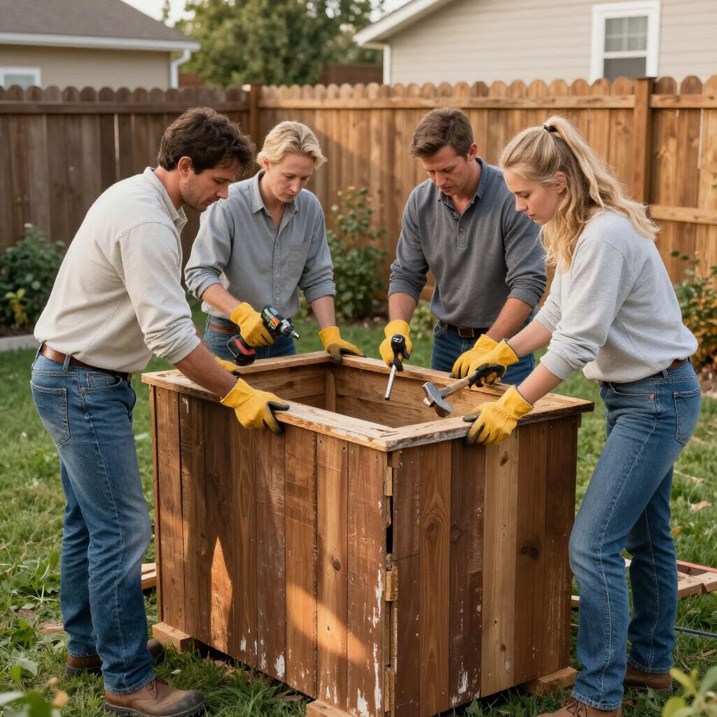Four people building a wooden planter box outdoors, wearing gloves, in a backyard setting.