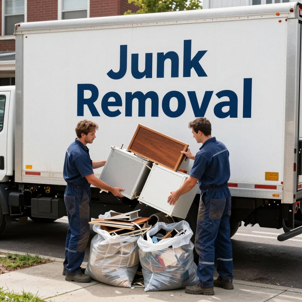 Two workers loading junk into a truck labeled 
