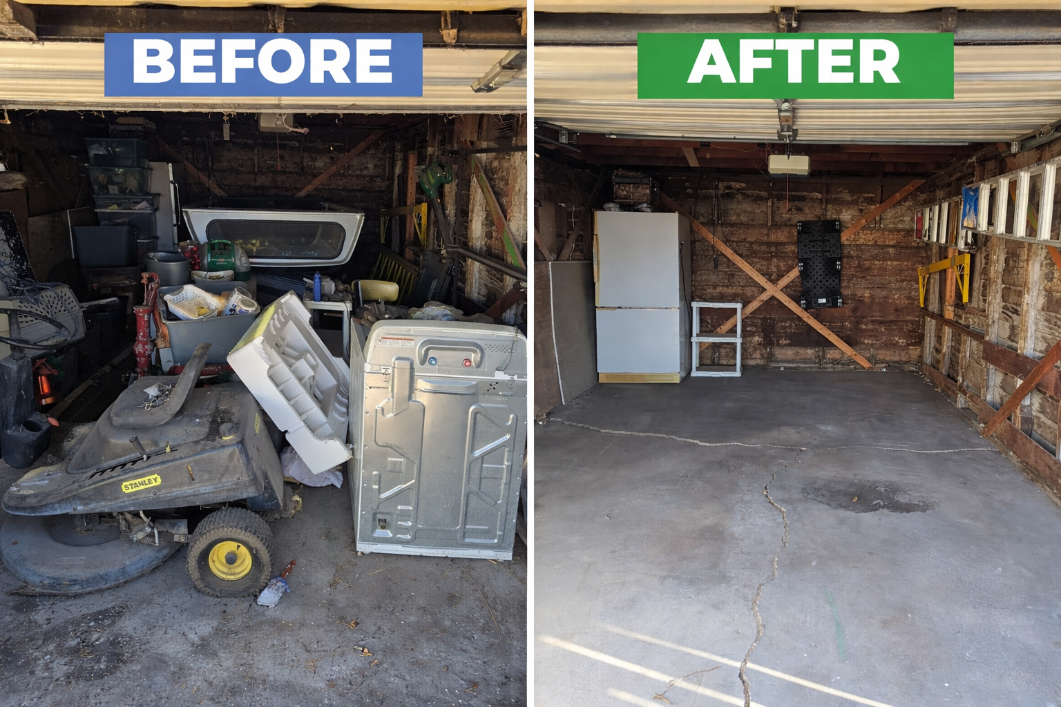 Before and after comparison of a cluttered basement and an empty, renovated room.