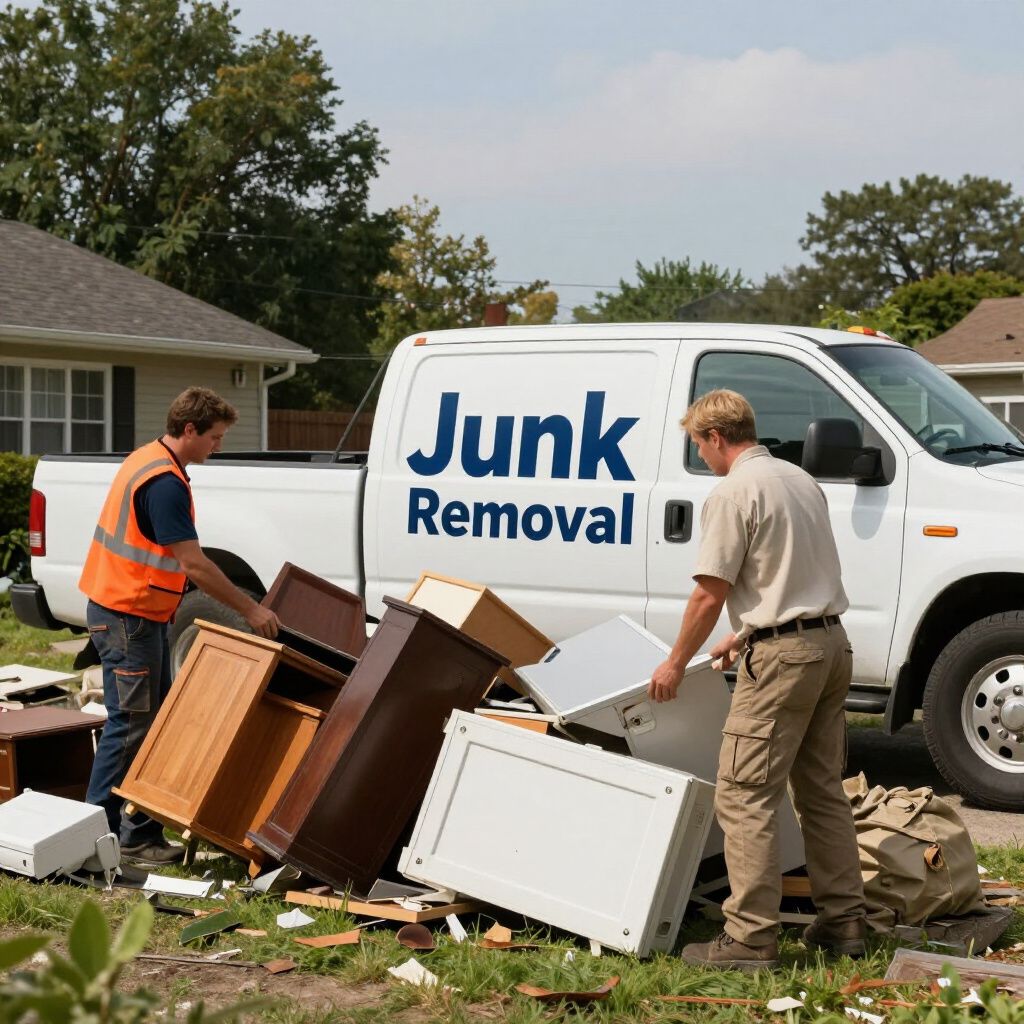 Two men loading junk cabinets into a white