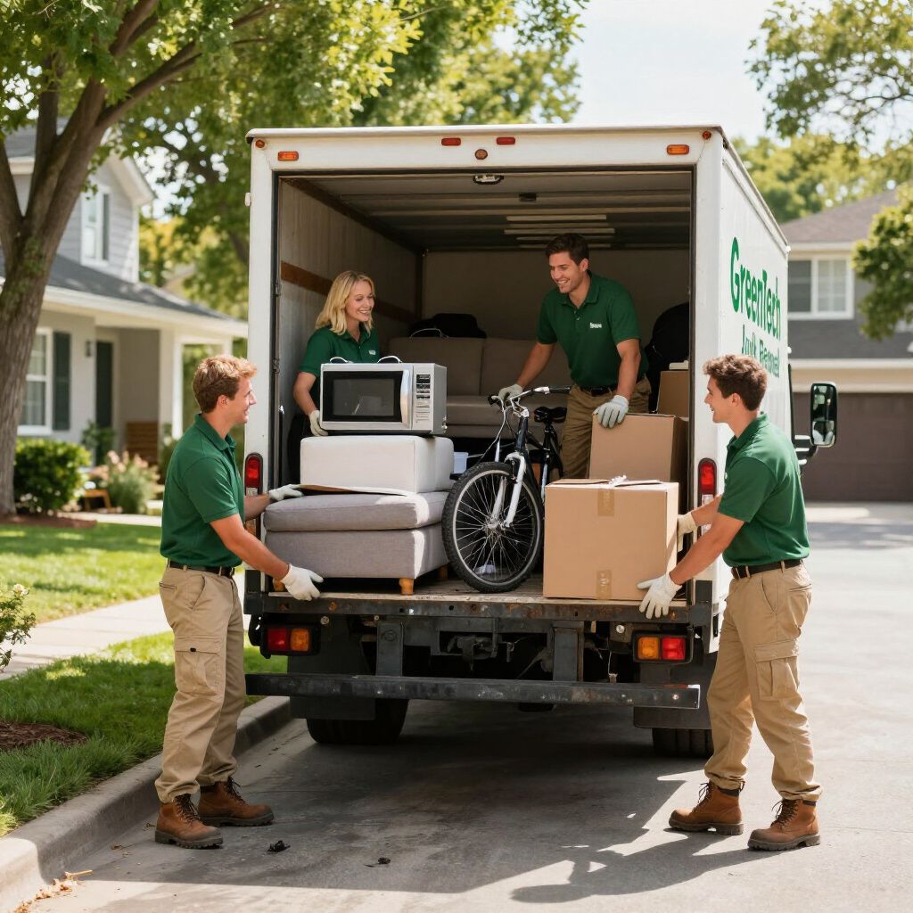 Movers loading furniture and boxes into a truck, green shirts, sunny residential street.