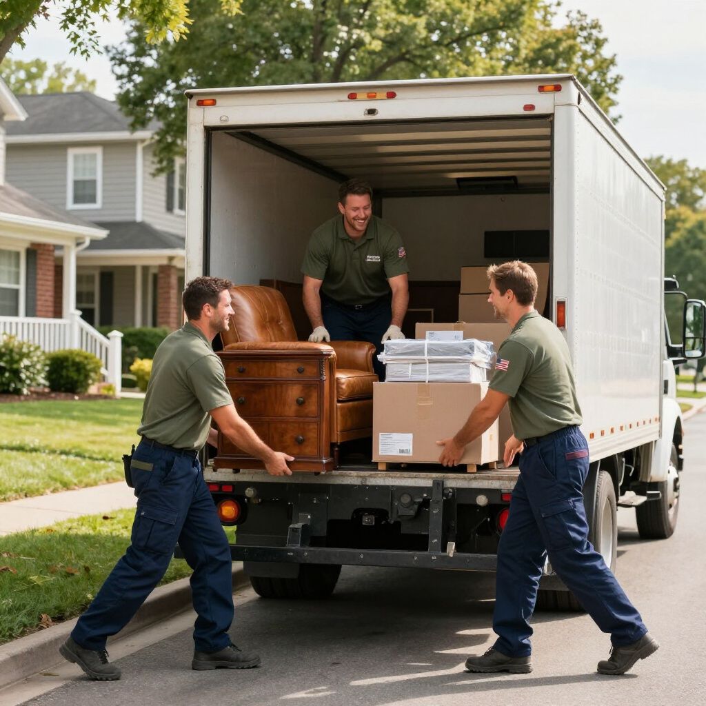 Three movers loading furniture into a moving truck on a residential street.