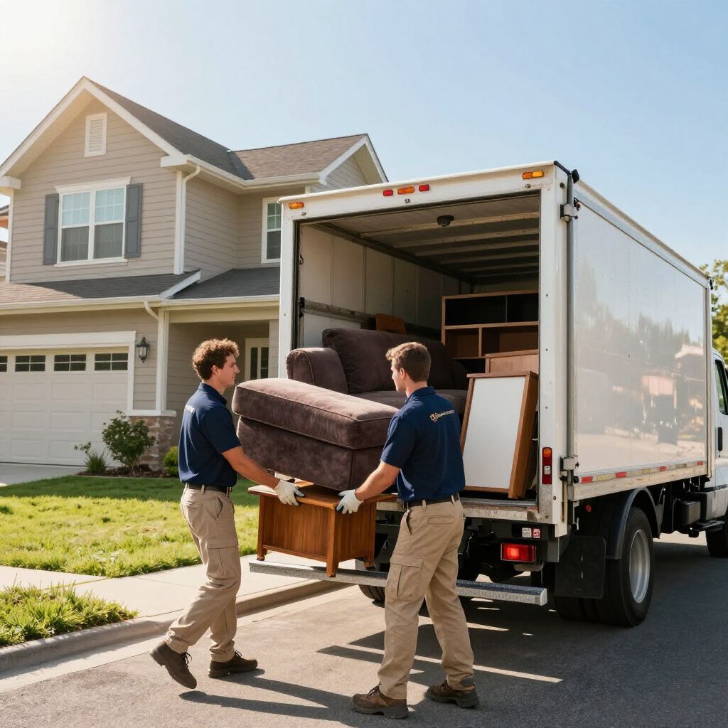 Two movers loading furniture into a moving truck in front of a house.