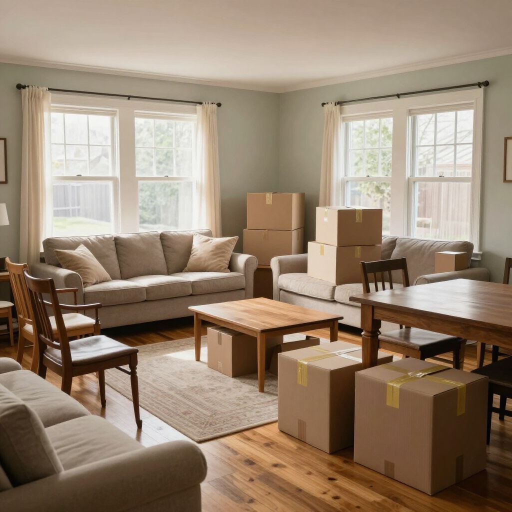 Living room with packed moving boxes, sofas, wooden table, chairs, and windows; likely preparing for move.