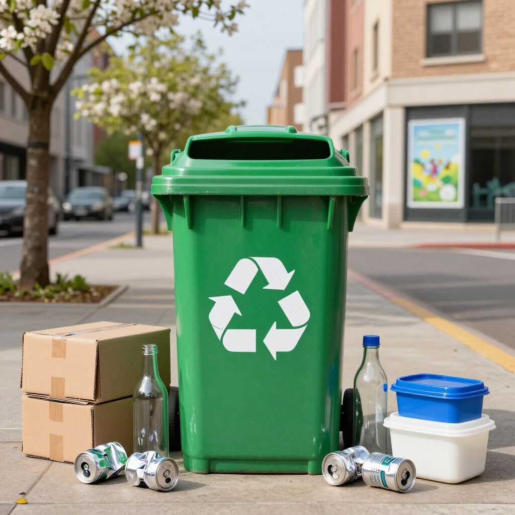 Green recycling bin with recycling symbol, surrounded by cardboard boxes, glass bottles, and cans on a sidewalk.