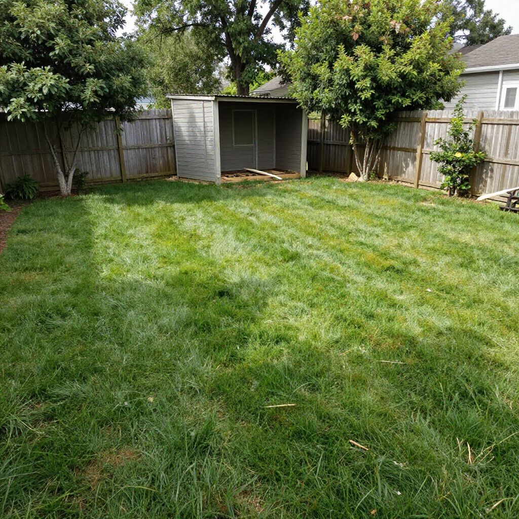 A backyard with green grass, wooden fence, and a gray shed.