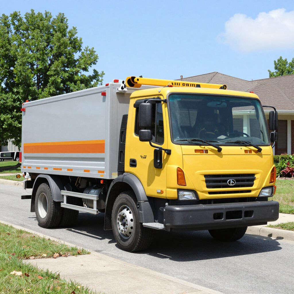 Yellow and gray garbage truck parked on a residential street.
