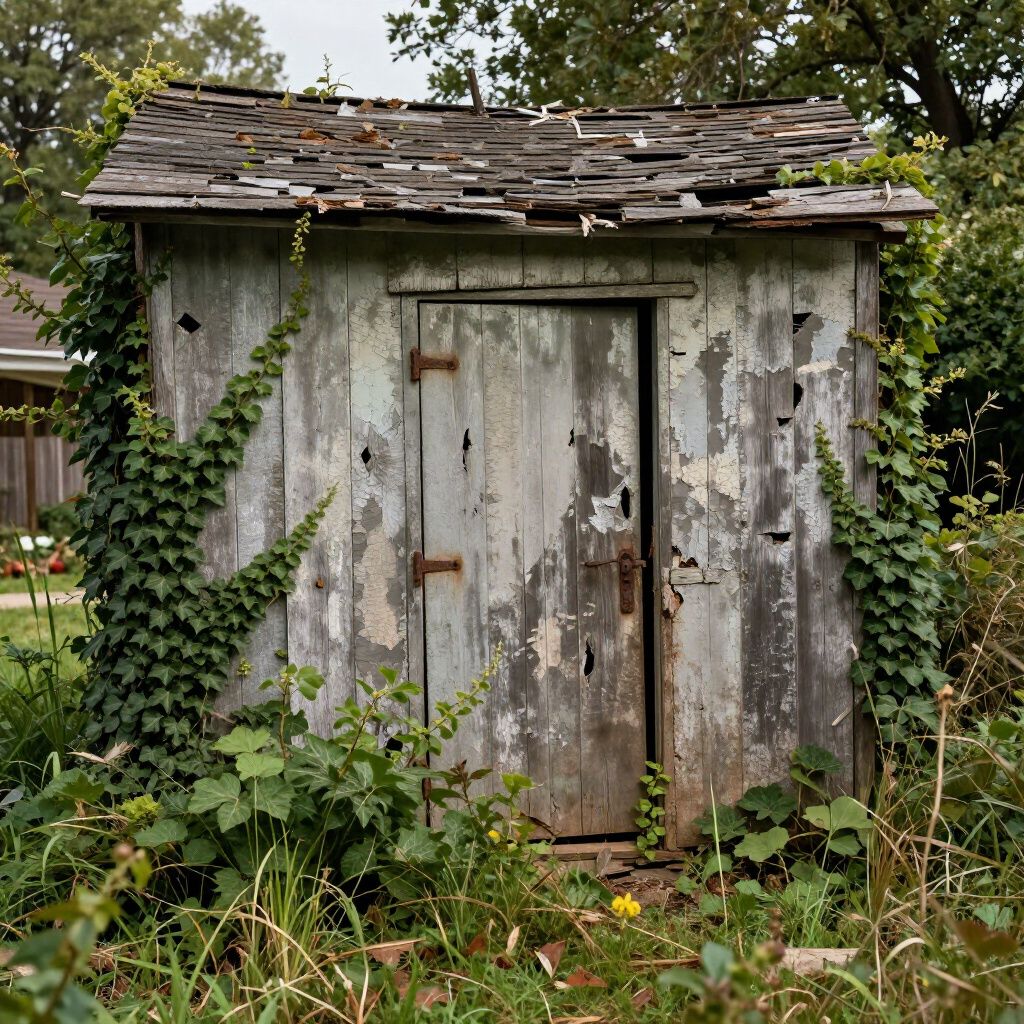 Old, weathered wooden shed with peeling paint, overgrown with ivy and surrounded by plants.