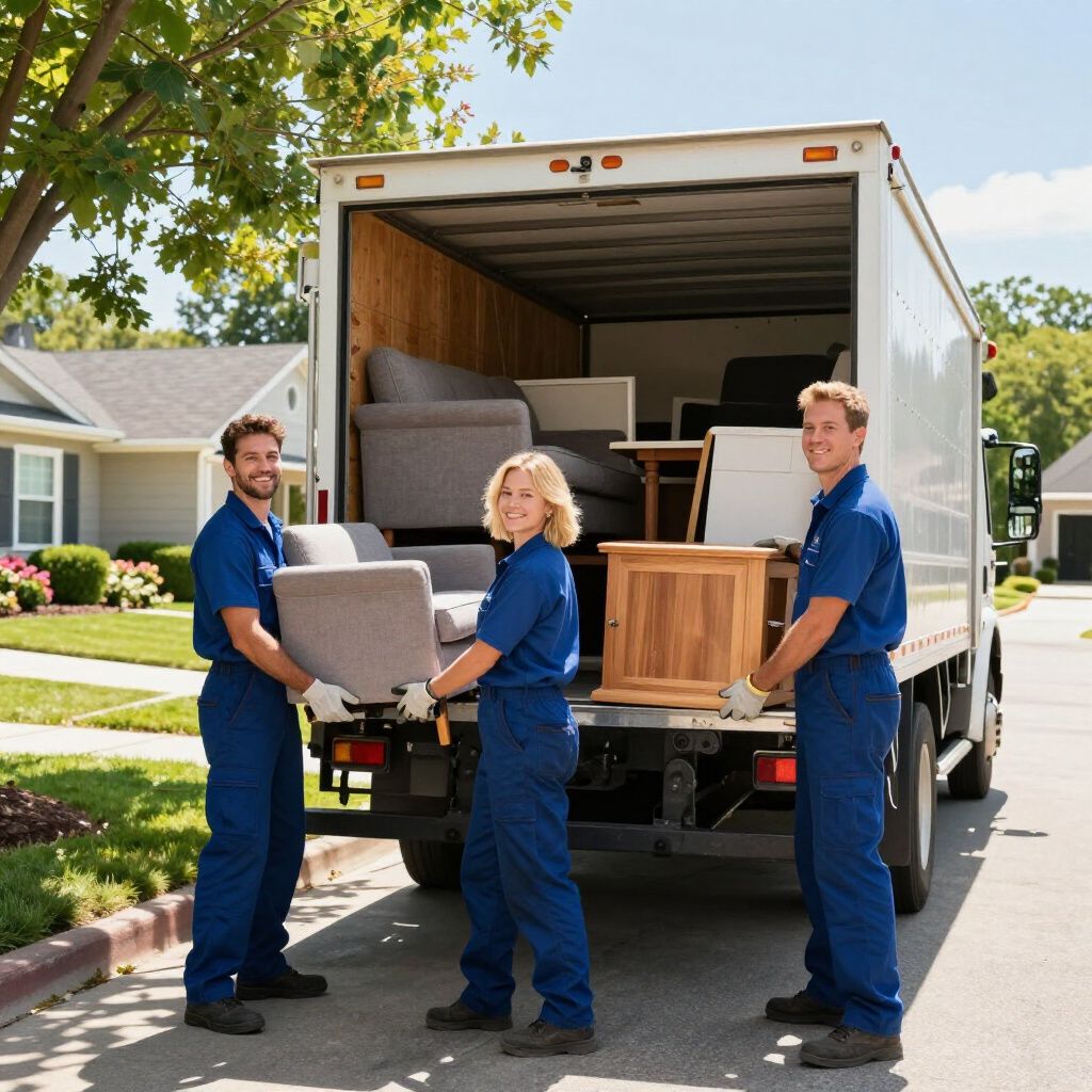 Three movers in blue coveralls load furniture into a moving truck on a sunny residential street.