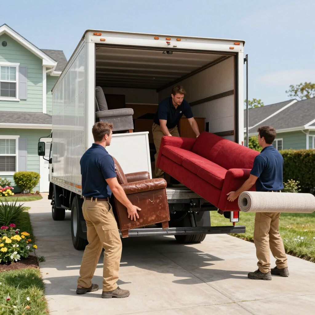 Movers loading furniture into a truck in front of a house.