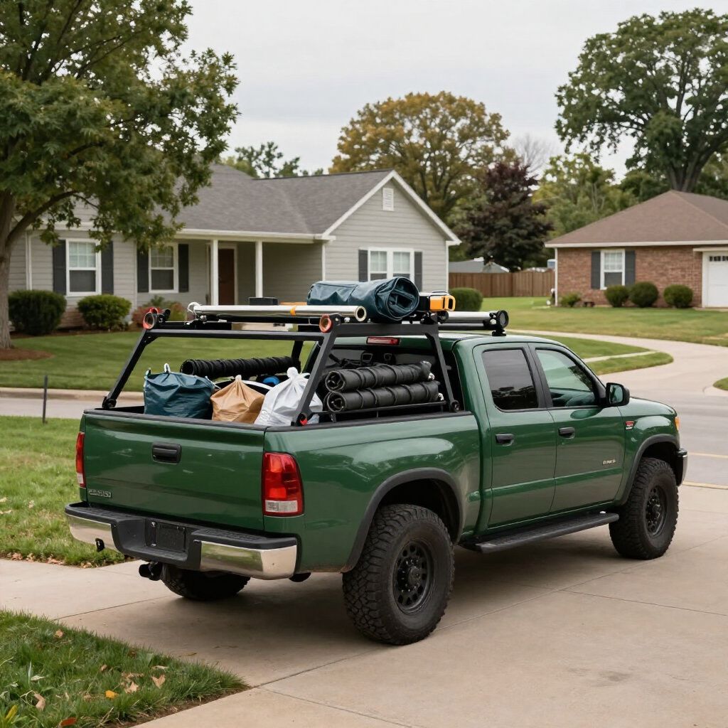 Green pickup truck loaded with cargo in a suburban neighborhood, truck rack on top, parked on a paved driveway.