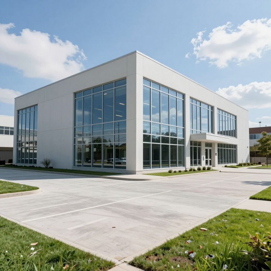 White modern building with large glass windows and concrete surroundings.