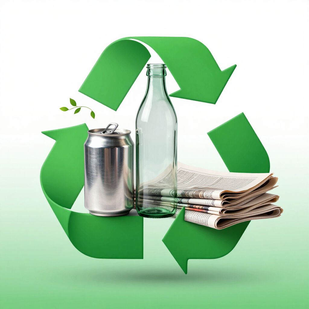 Recycling symbol with a soda can, glass bottle, and newspaper.