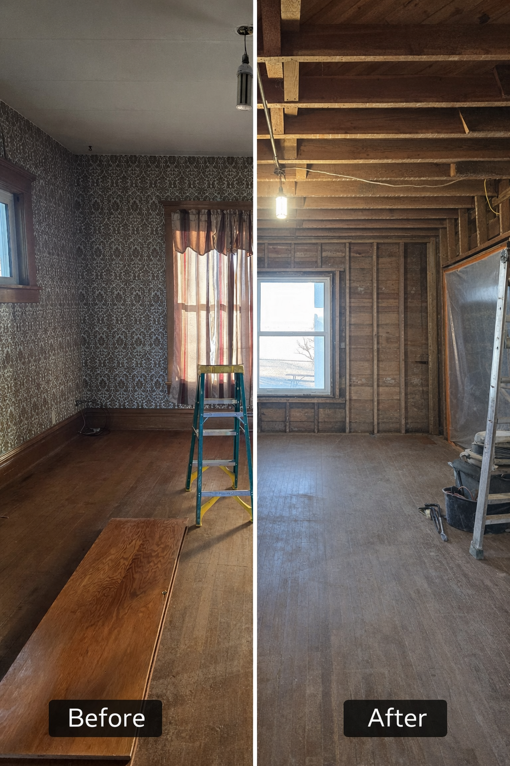 Room renovation before and after. Wallpapered room contrasted with a room stripped to studs, showcasing demolition.