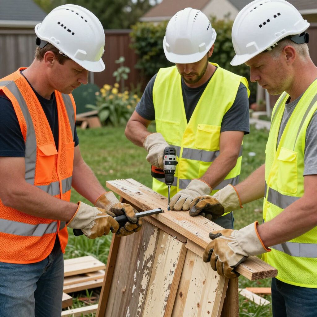 Three construction workers assemble wooden planks outdoors, wearing helmets and vests.