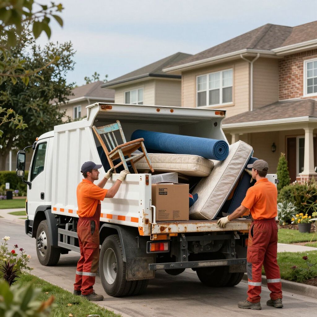 Two workers loading furniture into a garbage truck parked on a suburban street.