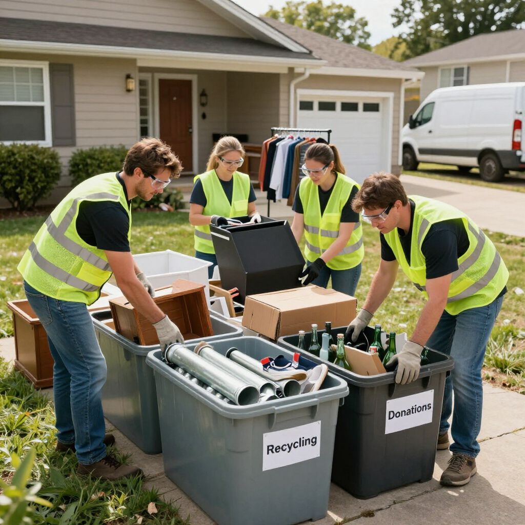 Four people in vests sorting recyclables outside a house.