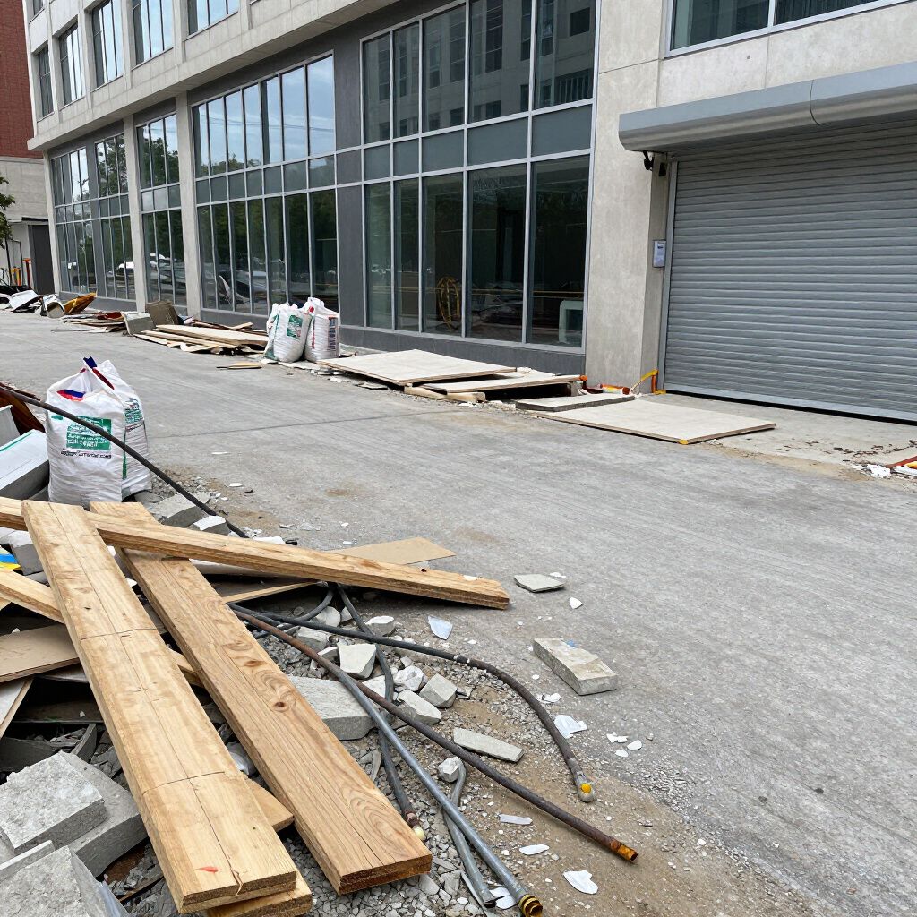 Construction debris and materials on a paved walkway next to a building with large windows and a closed garage door.